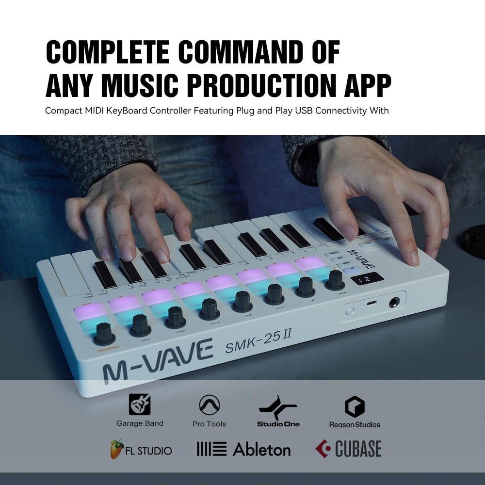 25 Key USB MIDI Keyboard Controller Wireless Bluetooth 16 Backlit Drum Pads, ...
