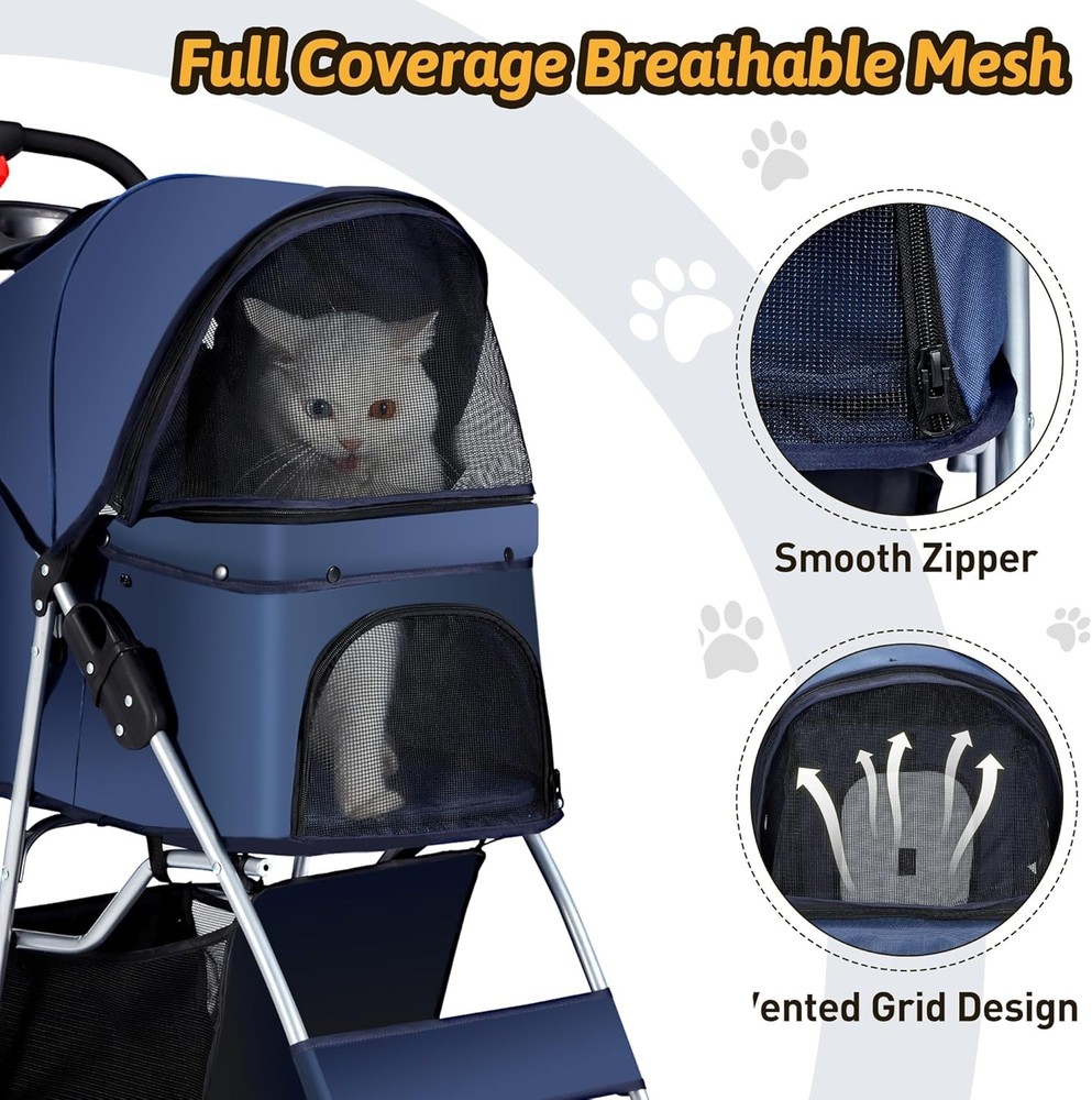 Foldable Pet Stroller with Cup Holder & Storage
