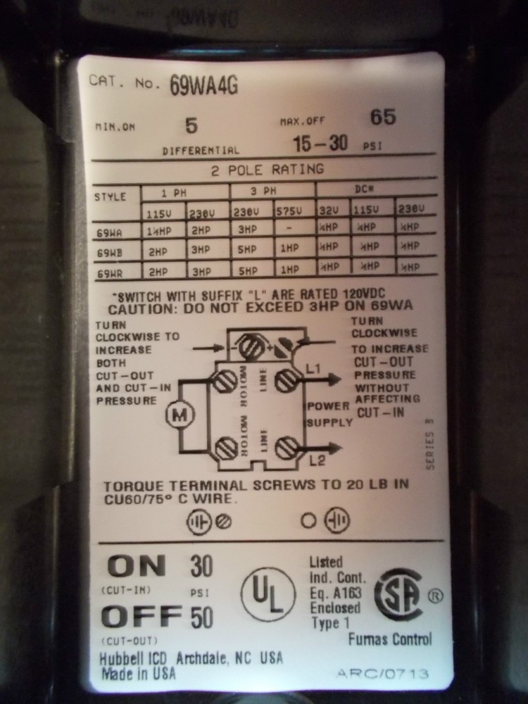 Hubbell Pressure Switch 69WA4G