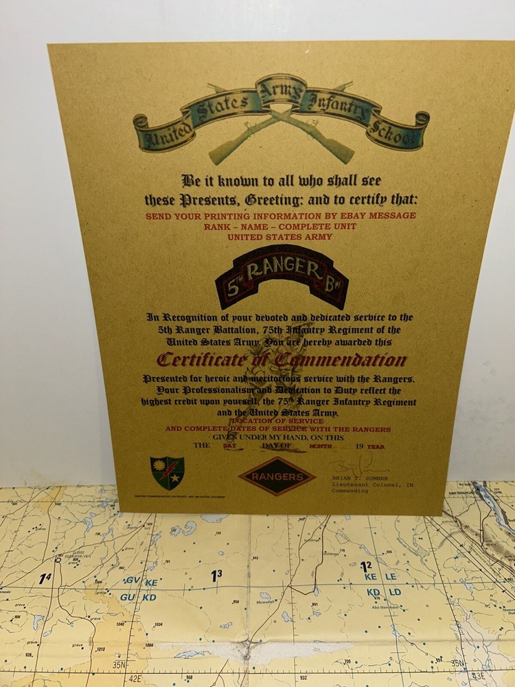 U.S. ARMY RANGER - 5TH BN / 75TH INFANTRY-REPLACEMENT COMMEMORATIVE CERTIFICATE