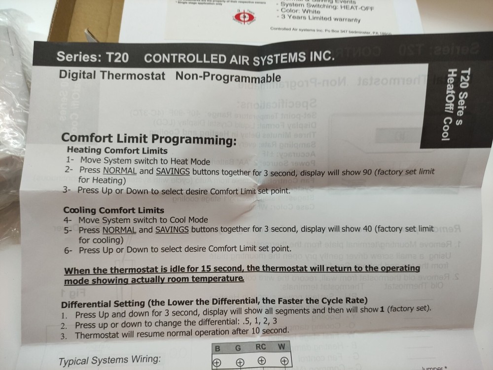 non programmable thermostat T20-B3D11, Single Stage Application Only