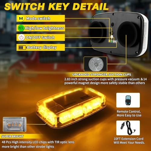 Rechargeable Amber Emergency Strobe Light Wireless Battery, 48 LED 17 Flashing