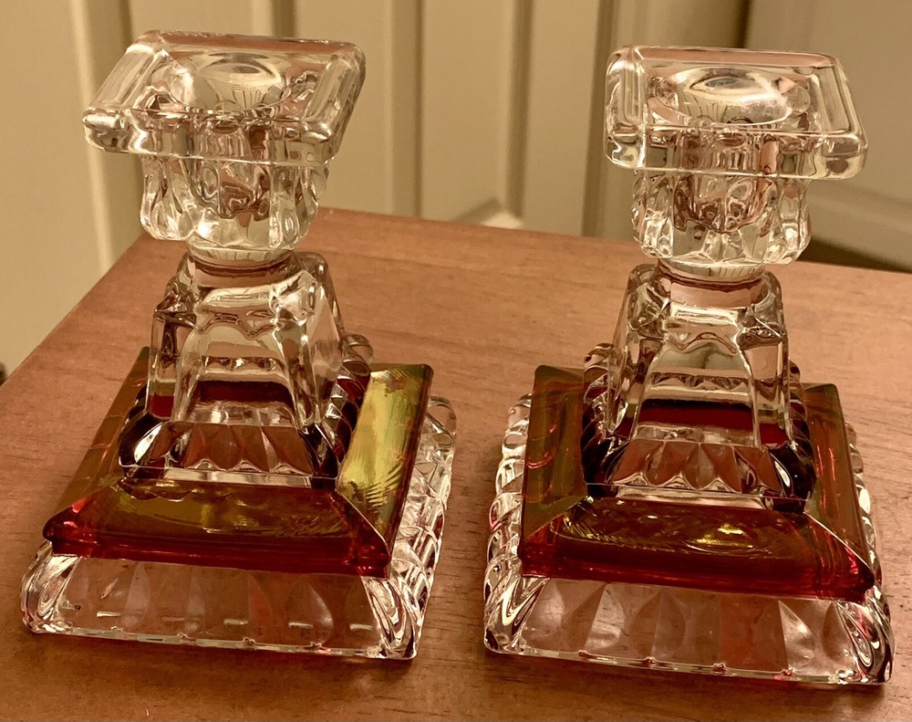 Set Of 2 Vintage Westmoreland Wedding Pattern Ruby Flash Crystal Candlesticks.