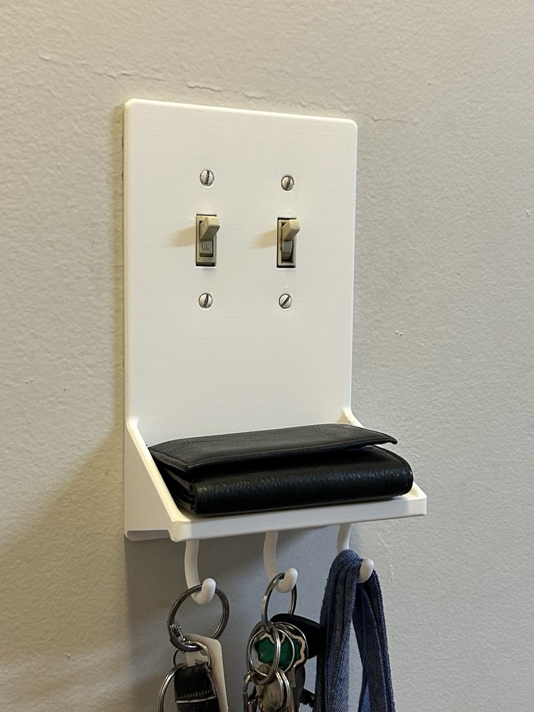3D Printed Light Switch Plate w/ Shelf & Hooks – ABS Storage Organizer, White