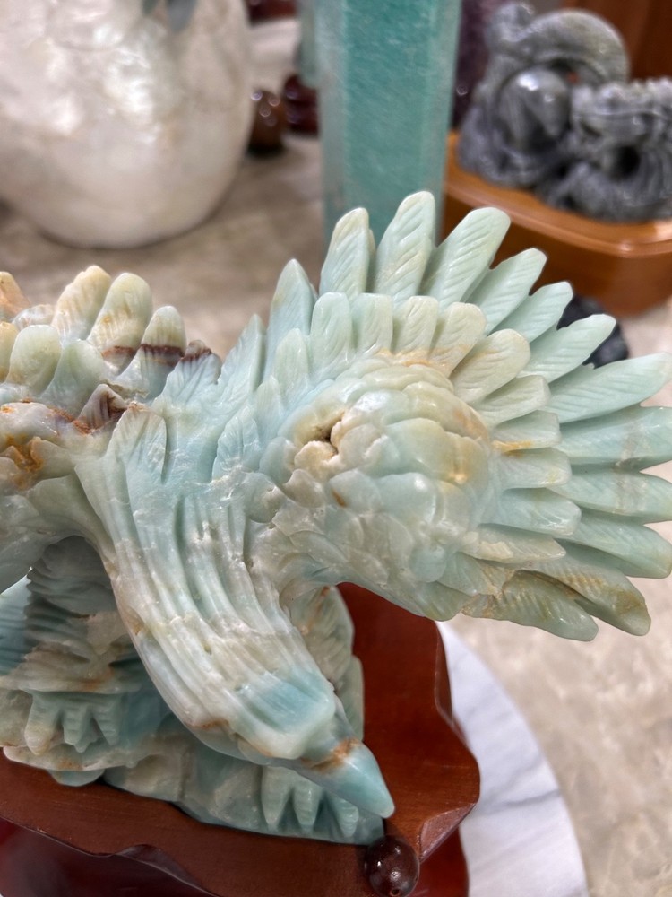 Amazonite Eagle hand carved on custom wood stand