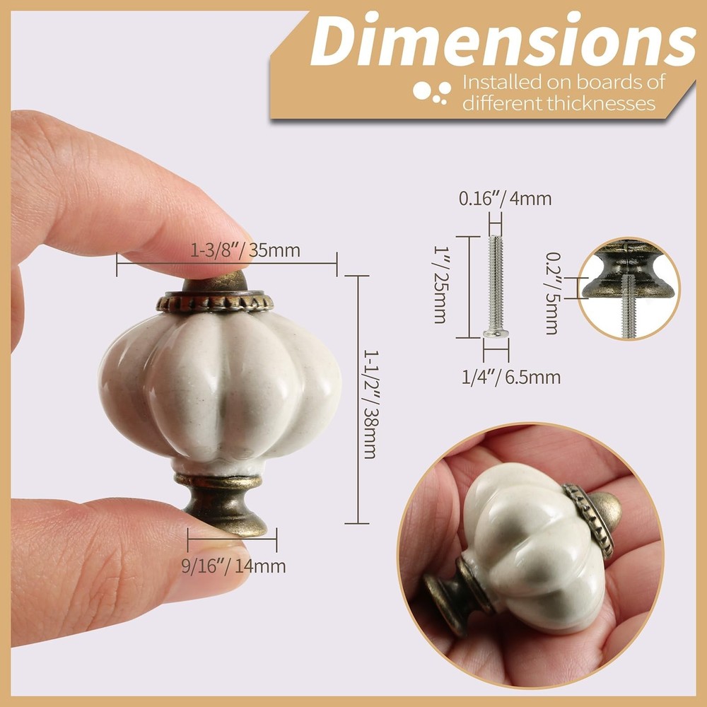 Antique White Pumpkin Knobs 6 Pack Ceramic Cabinet Knobs Vintage Drawer Pulls...