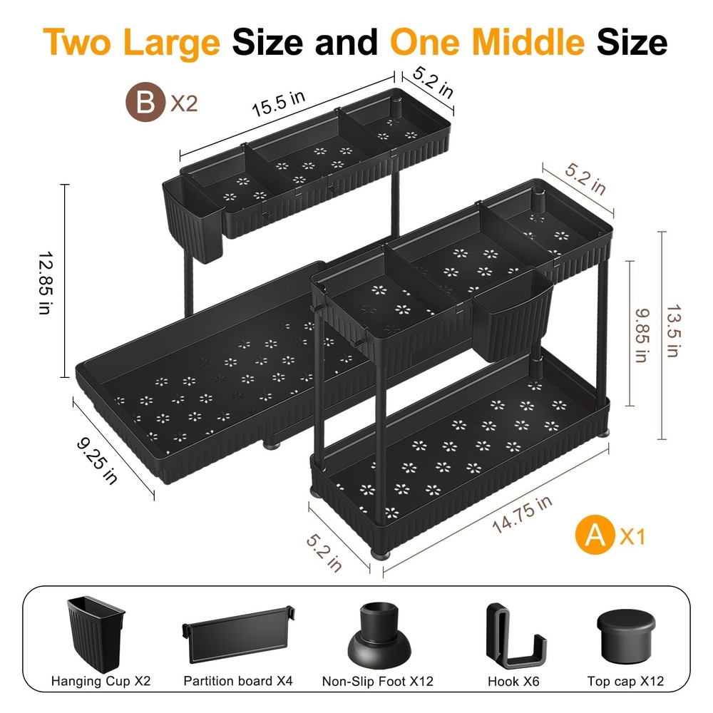 3 Pack Multi-Purpose Pull-Out Storage Organizers, 2-Tier L-Shaped Under Sink/...