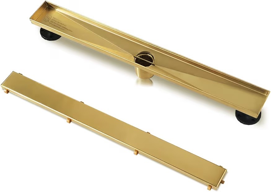 28-Inch Gold Linear Shower Drain, 2-in-1 Flat & Tile Insert