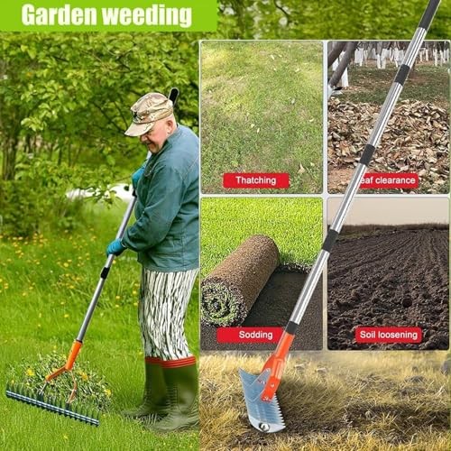 66.9-Inch Manual Lawn Thatch Rake, Adjustable Length Handle Dethatcher Rake,