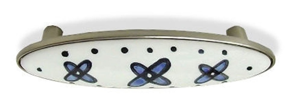 3" Ceramic Blue Flowers Pull Brushed Satin Nickel