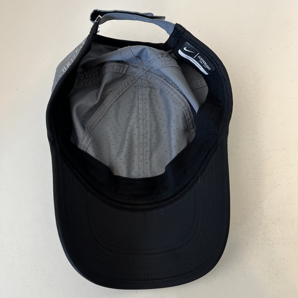 Nike Hat Grey Black Featherlight Dri Fit Strap Back 6 Panel Running Cap