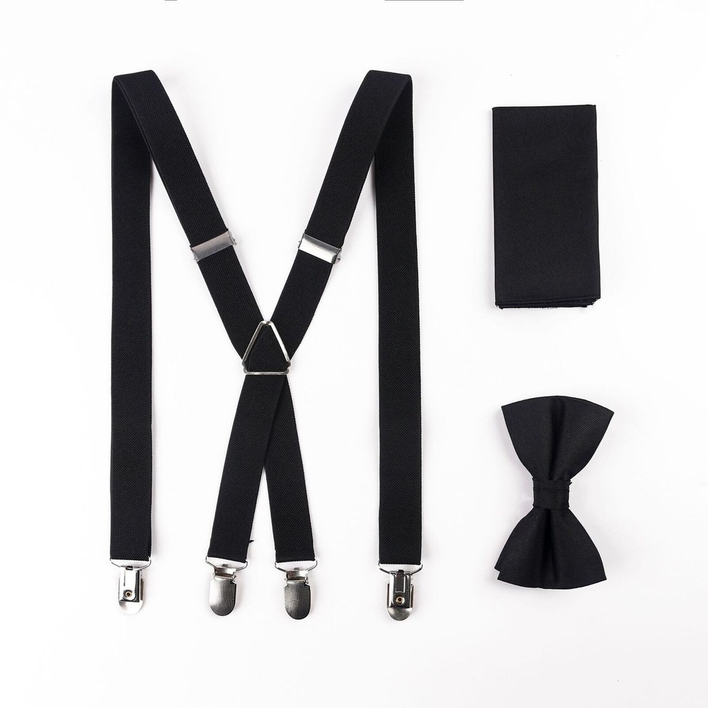 Men Solid Y-Shape Suspender Brace Bow tie Pocket Square Handkerchief Wedding Set