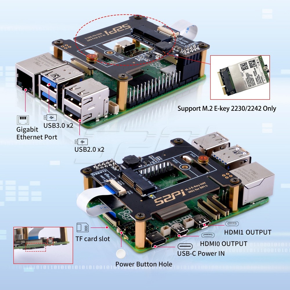 M01 M.2 2230/2242 E-key Top Extension Adapter Board for Raspberry Pi 5