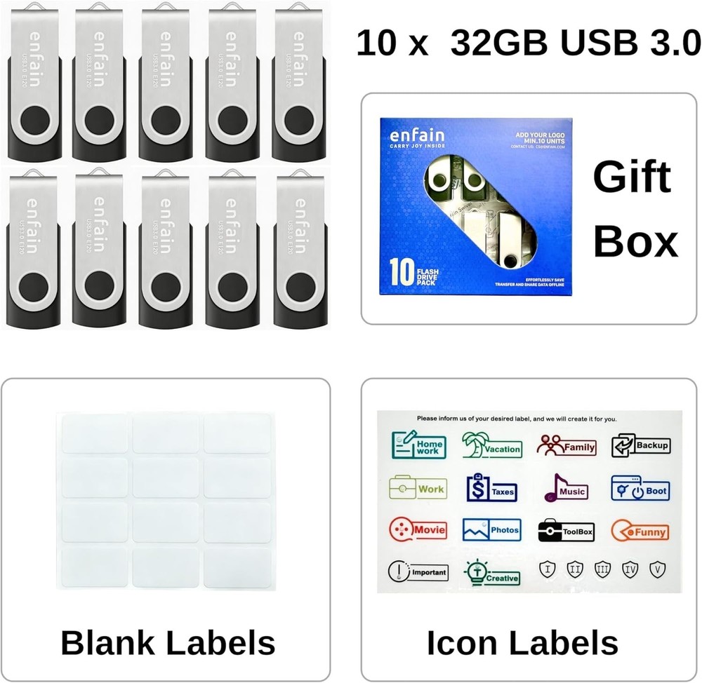 USB 3.0 32GB Flash Drive Shareable 10 Pack for Universal Data Storage at Home...