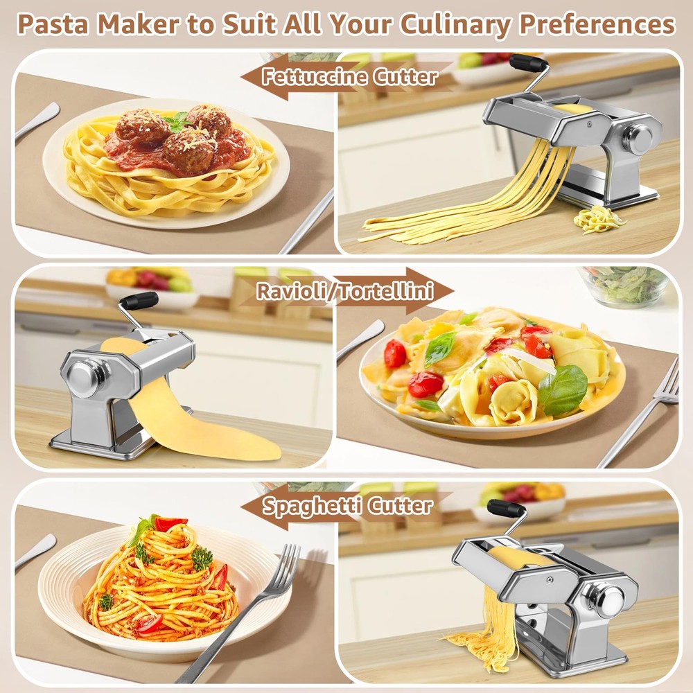 Pasta Maker - 7 Thickness Settings Roller & 2-in-1 Cutter, Silver