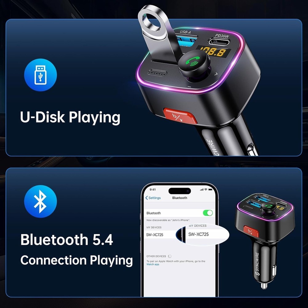 Bluetooth FM Transmitter with Light Switch, Fast Charging & Noise Cancellation