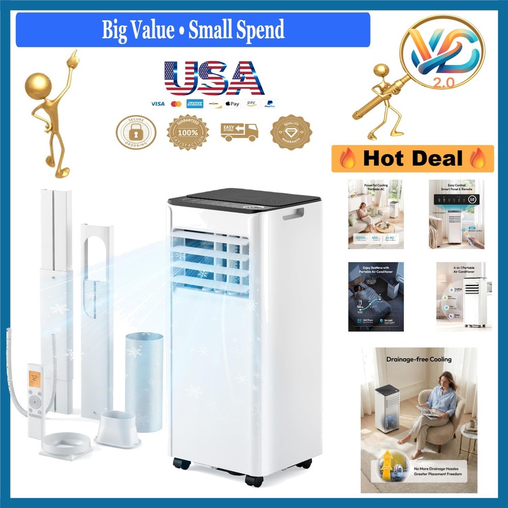 Portable Air Conditioner 10,000 BTU 450 Sq.Ft, Dehumidifier, Fan, Sleep Mode,...