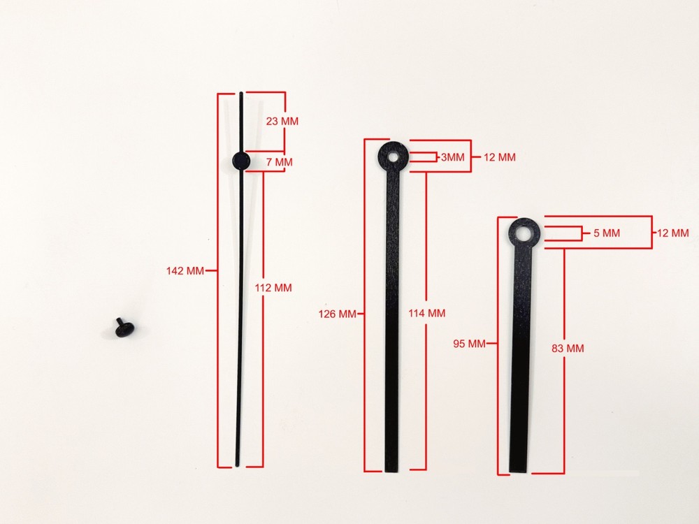 Clock Parts Black Clock Handle Set, Hour, Minute, Second + Sec Stopper 4pc Set