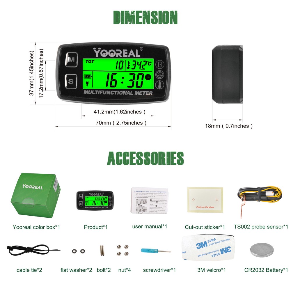 Digital Tachometer Hour Meter Engine Temperature Gauge For Chainsaws Tractor etc