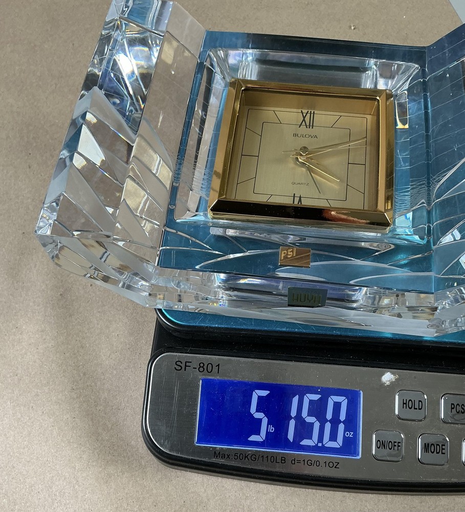 Bulova Hoya Crystal Desk Clock Clear Quartz Analog Japan Modern Rectangular