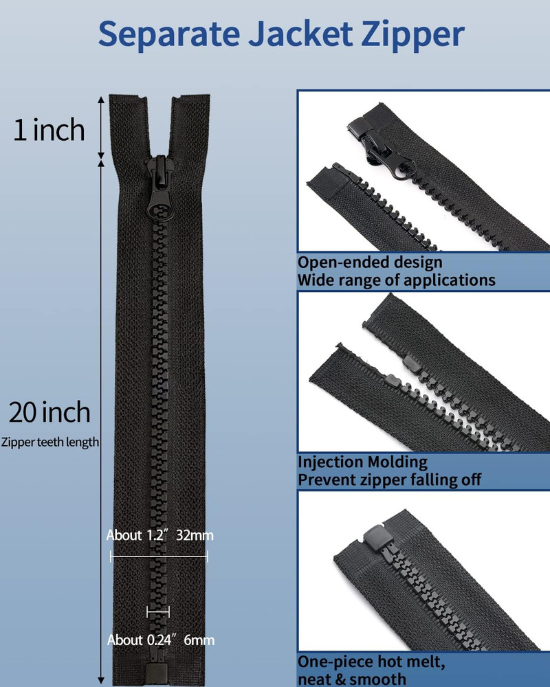 3 Pack 20 Inch Jacket Zippers #5 Black Plastic Separating Zipper Replacement
