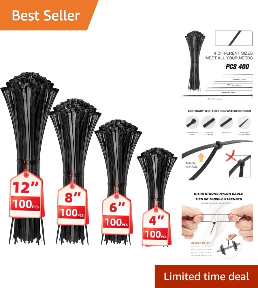Multi-Purpose 400 Pack Nylon Cable Ties - 12, 8, 6, 4 Inch Self-Locking Design