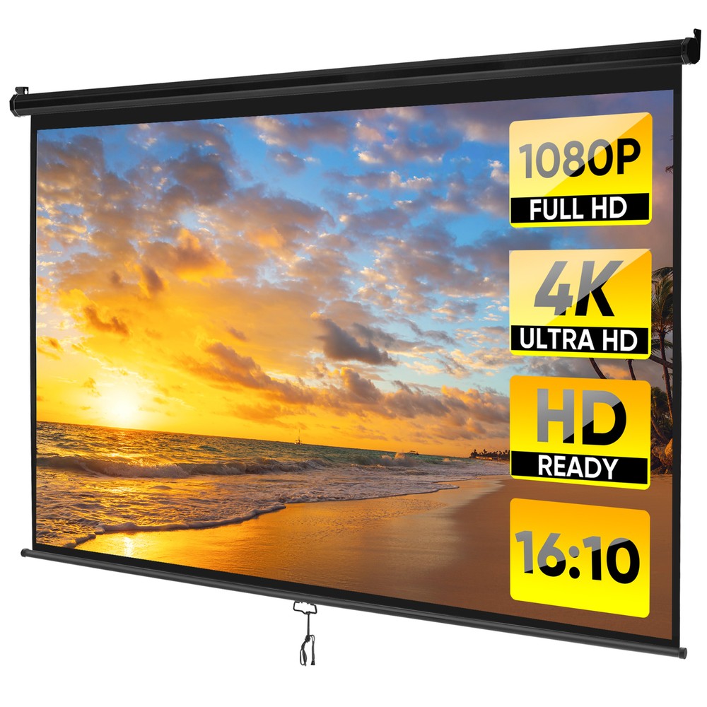 100" Manual Projection Screen Pull Down 16:10 HD Projector 4K Widescreen Black