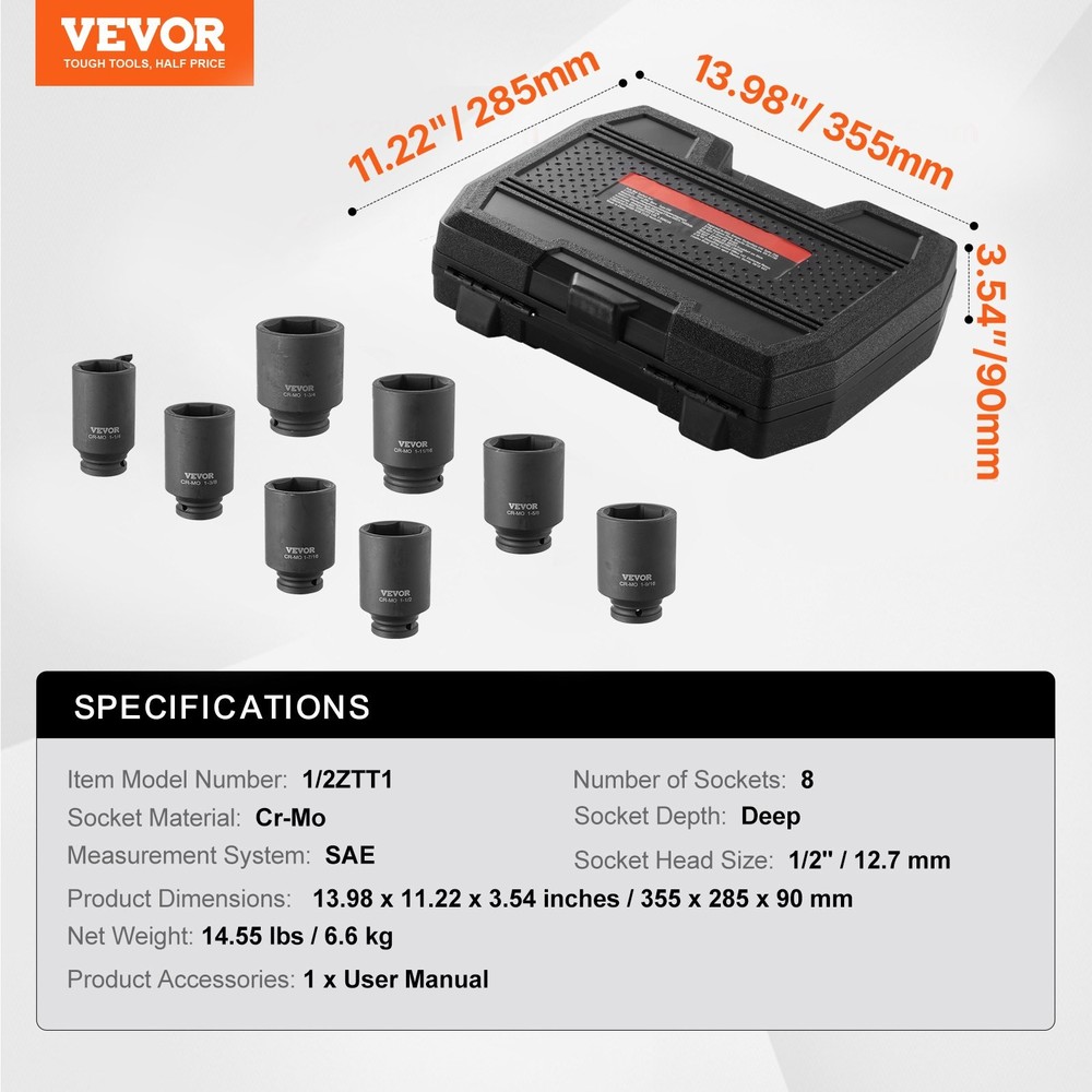 Axle Nut Impact Socket Set 1/2" Drive Deep 6-Point 8-Piece SAE Spindle Nut