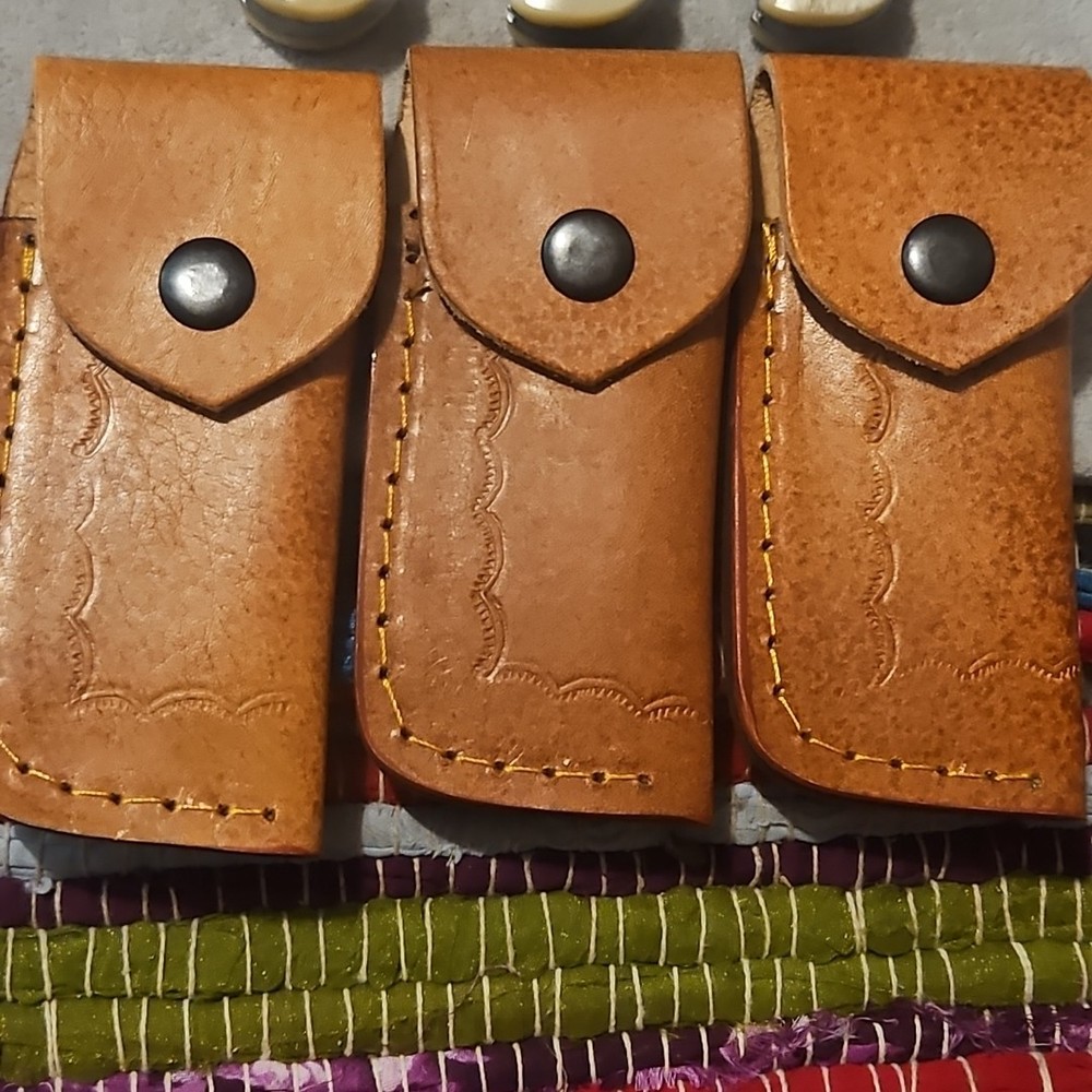 3 Damascus Folding Pocketknives Blue Bone Handle