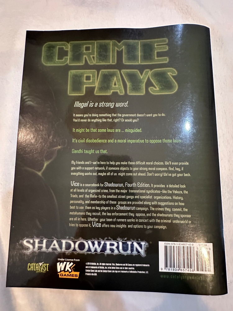 Shadowrun ~ Vice The Crime Sourcebook 26203 Paperback