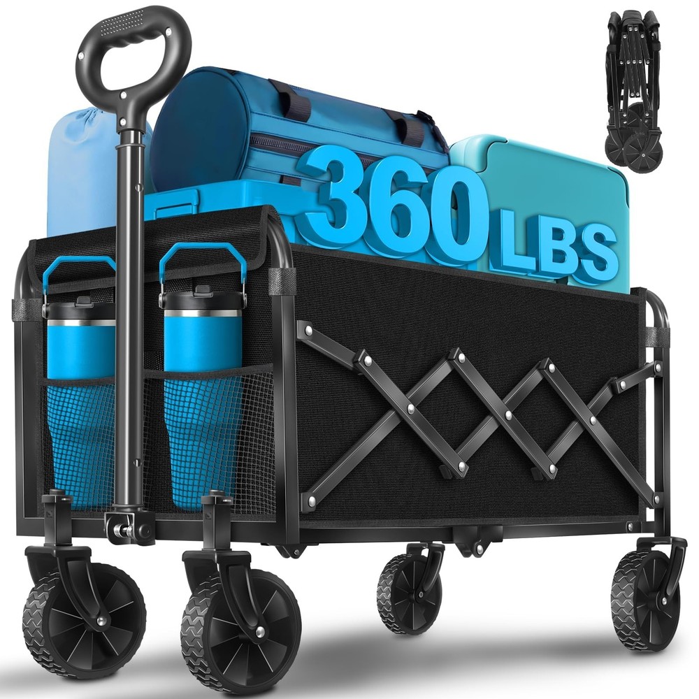 Wagons Carts Foldable,360lbs Collapsible Wagon Foldable Wagon with Wheels, Po...