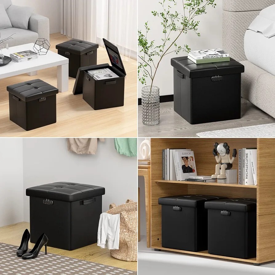 Storage Ottoman Fireproof Folding Ottoman Cube Storage Stool with Lock Leather