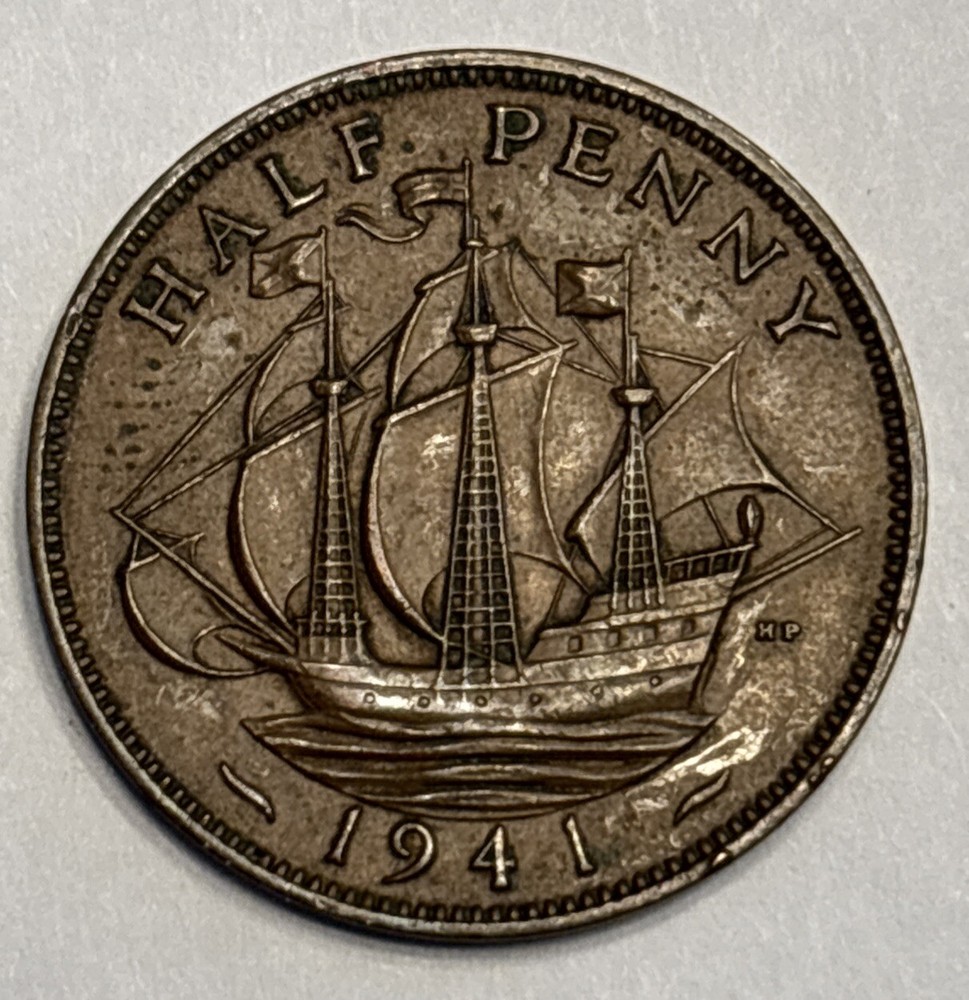 1941 Great Britain Half Penny 1/2 Cent Coin