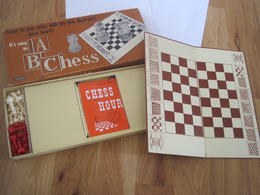 Baron ABC Chess W/ Board Red White Pieces Frank Marshall Book