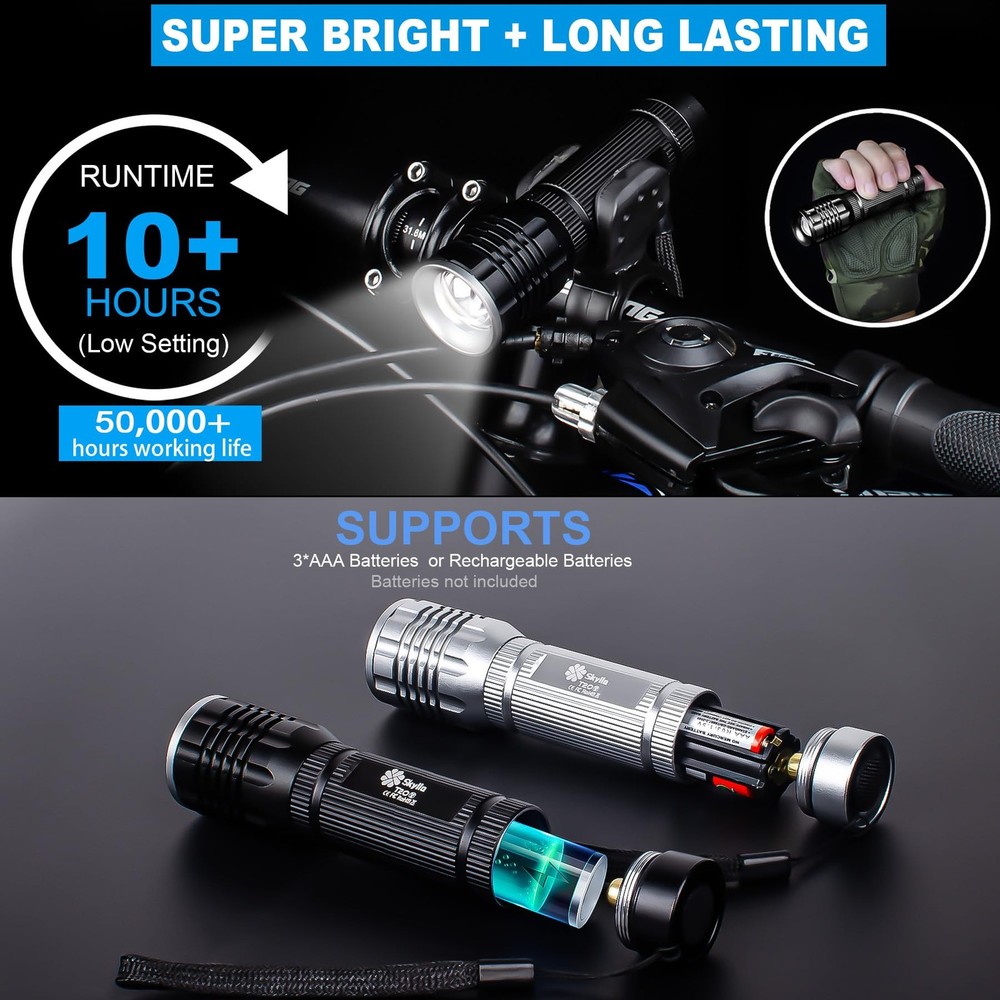 Skylla Flashlight LED Torch Tactical Small Flashlights Silver + Black