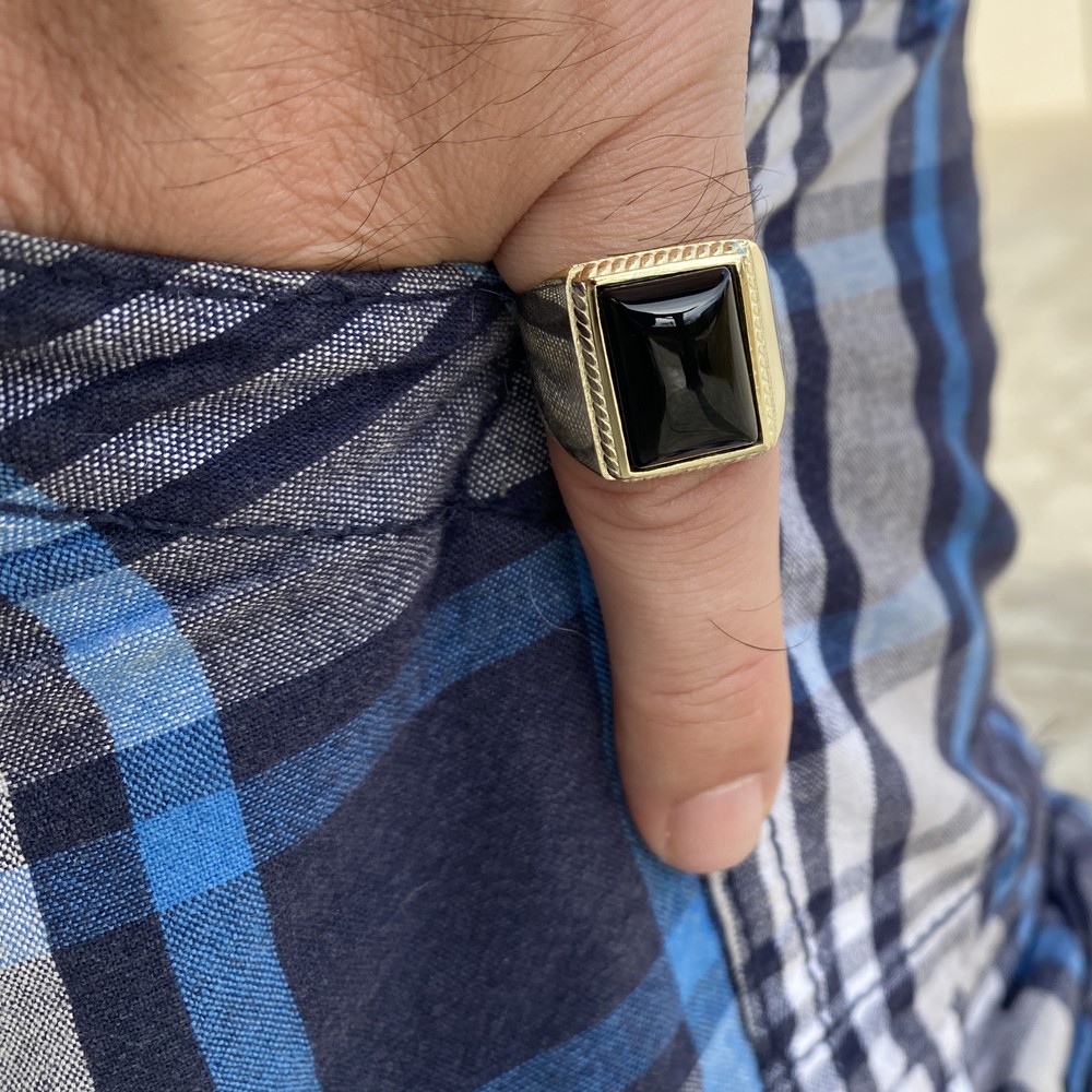 Mens 14K Gold Plated over 925 Sterling Silver Black Onyx Ring Rectangular 7-13