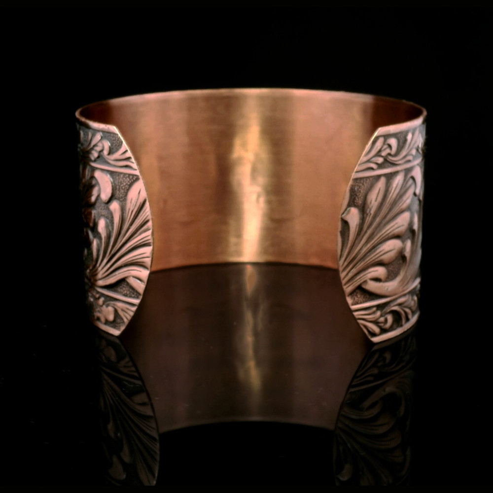 Solid Copper Adjustable Cuff Bracelet with Embossed Floral Design Antique Finish