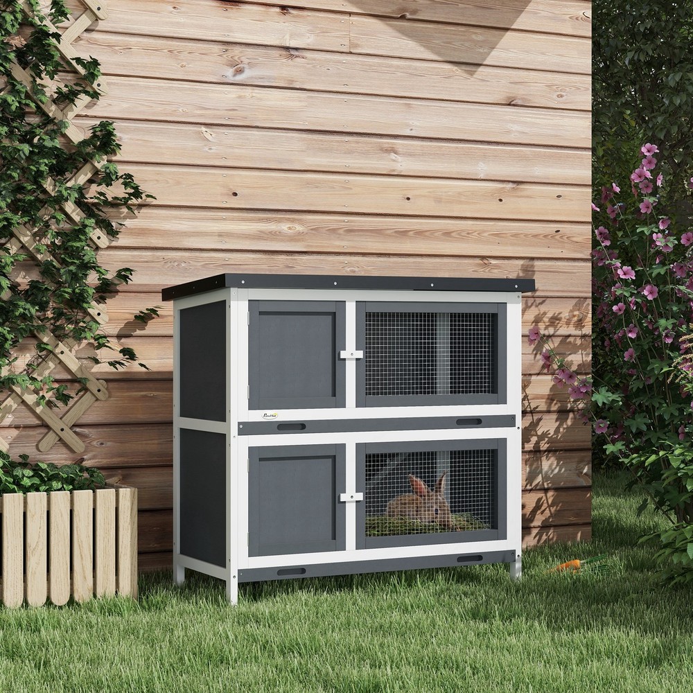 Solid Wood Rabbit/Bunny Hutch with 2 Large Main Rooms, Brown