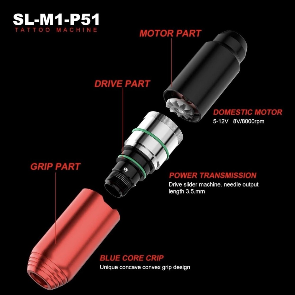 Wireless Rotary Pen Tattoo Machine Pen Starter Kit Bundle PMU (Black/Red)