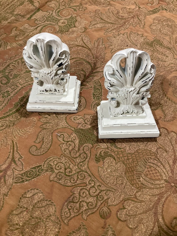 Vintage Whashed White-Toned Shell Bookends – Ornate Scroll Base – 6.5" Tall