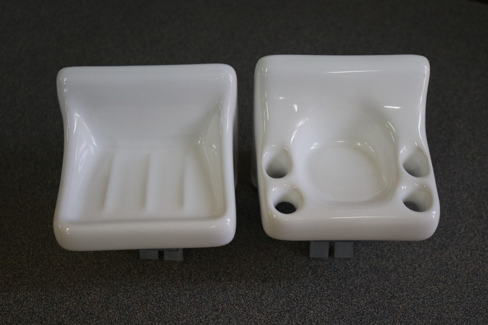 ACP Thin-Set Glossy White Ceramic Soap Dish & Toothbrush Holder Bathroom Set