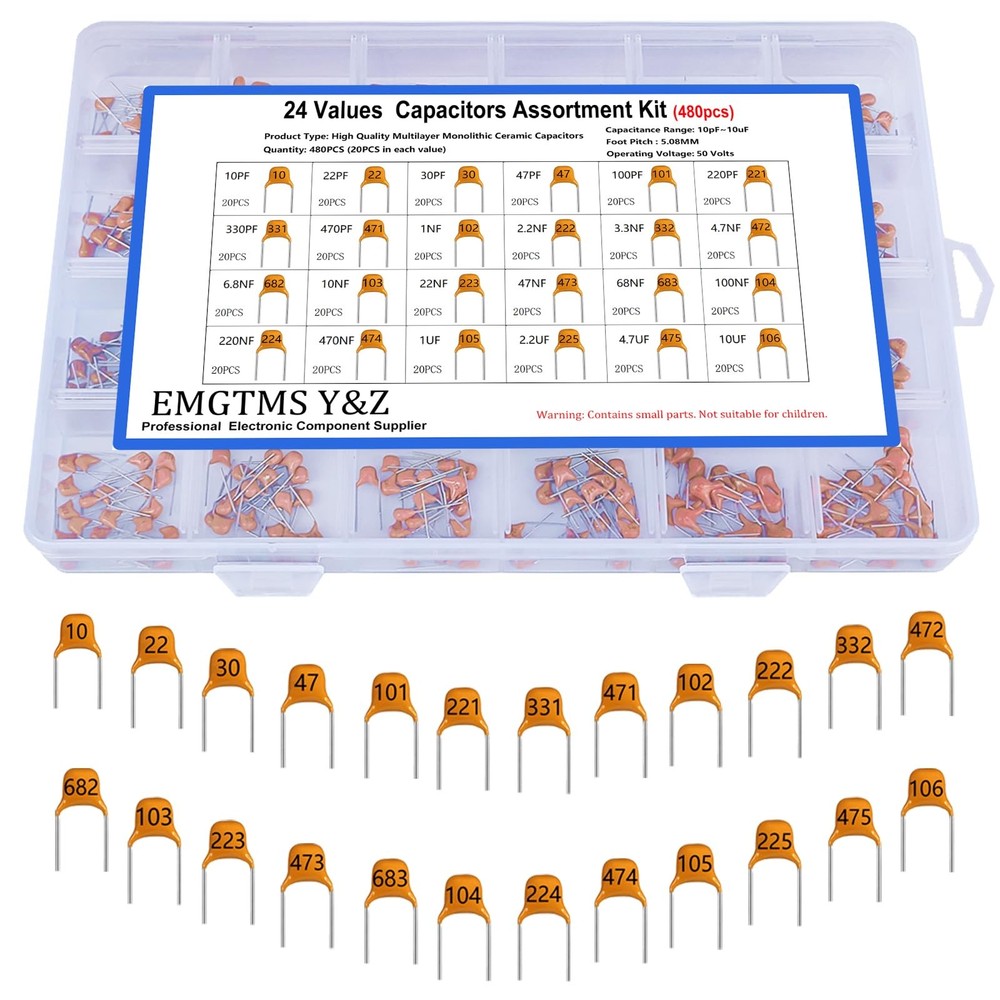 24 Values 480pcs Multilayer Monolithic Ceramic Capacitor Assortment Kit, 10pF...