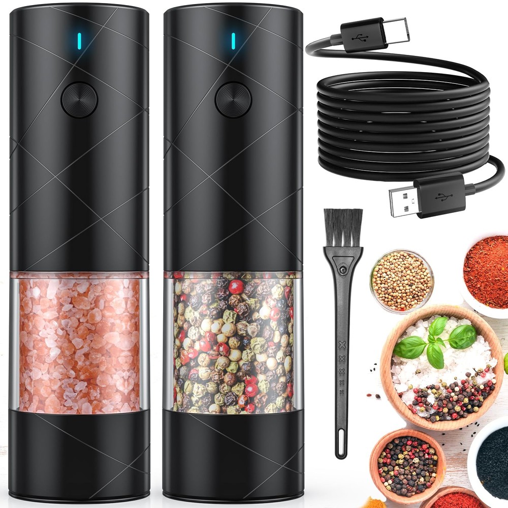 2Pack Salt and Pepper Grinder Set USB Rechargeable with Warm Light, Adjustabl...