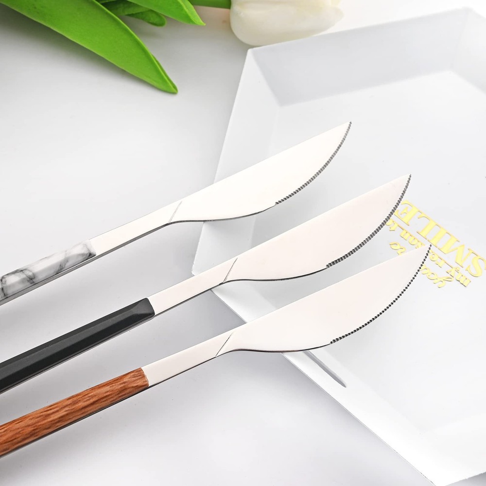 20 Piece (4 Set) Silver Stainless Steel Tableware With White Marble Handle, W...