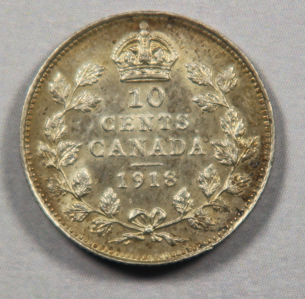 1918 Canada 10 Cents Silver, George V 10c