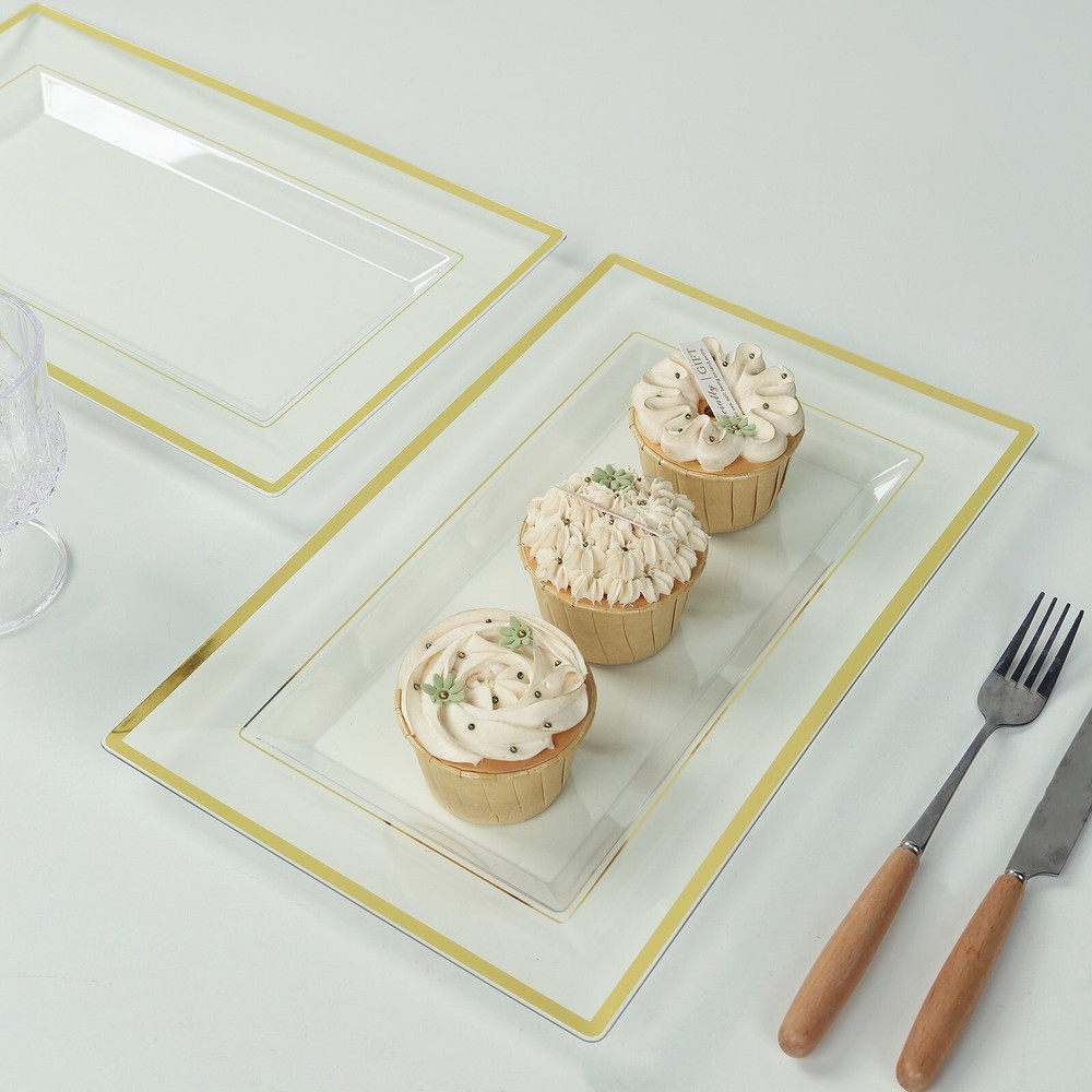 10 Clear Rectangular Plastic Serving Trays with Gold Rim Party Decorations