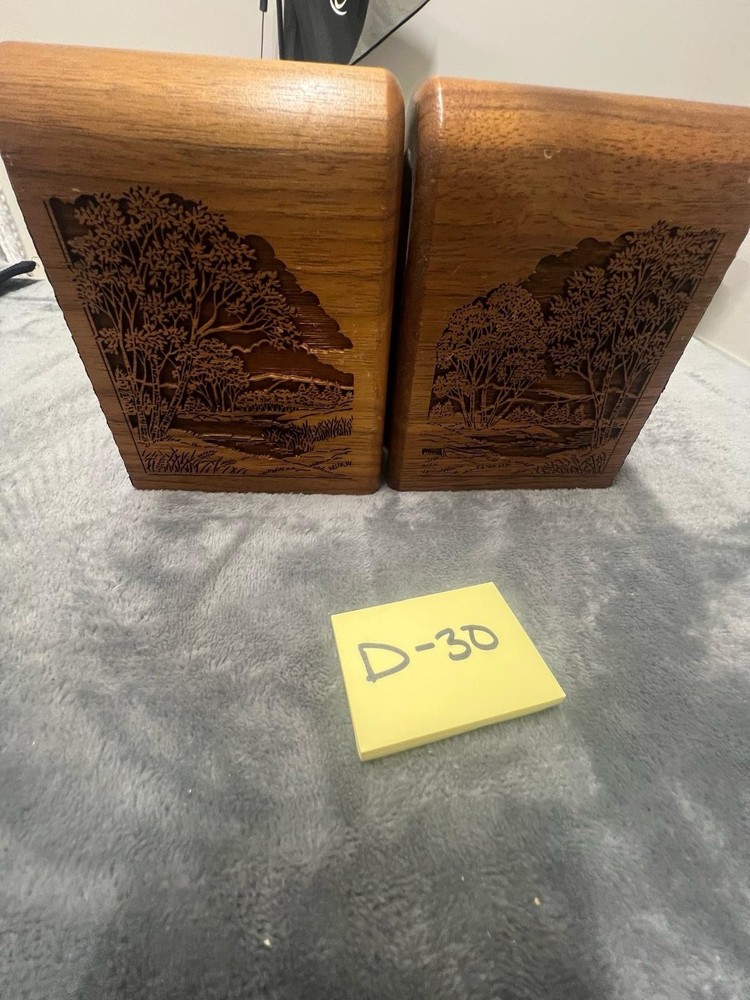 Lasercraft - Vintage Pair Of Solid Walnut Bookends Laser-Engraved Tree Scene