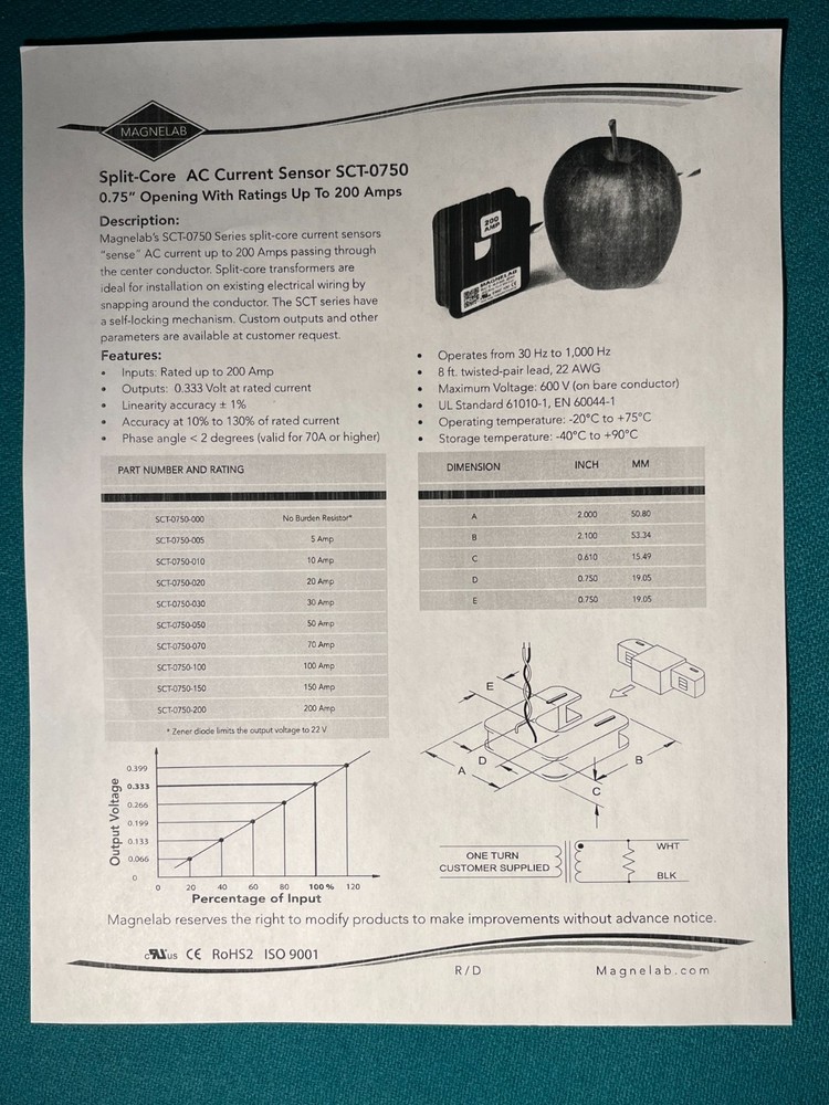 Current tranformer, 150A, split core, built-in burden resistor