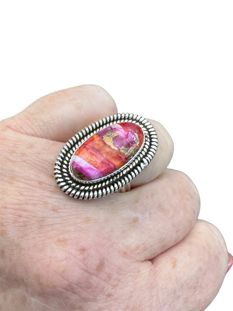 Kingman Pink Dahlia Turquoise Solid 925 Sterling Silver Ring – Size 6