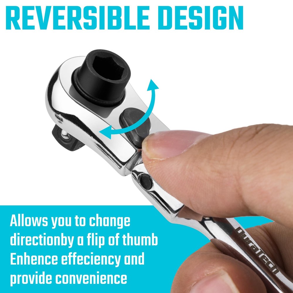 DURATECH 1/4" Drive Ratchet Handle, 2 in 1 Flex Head Ratchet, Silver